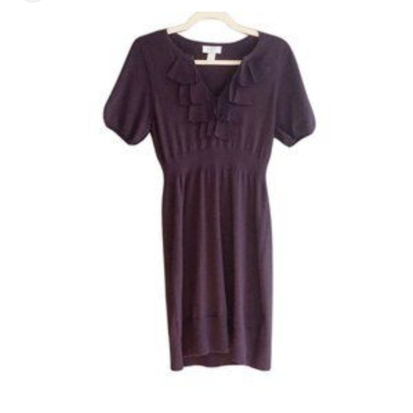 ANN TAYLOR LOFT | Ruffle V-Neck Soft Knit Purple Deep Eggplant Dress - Picture 4 of 8